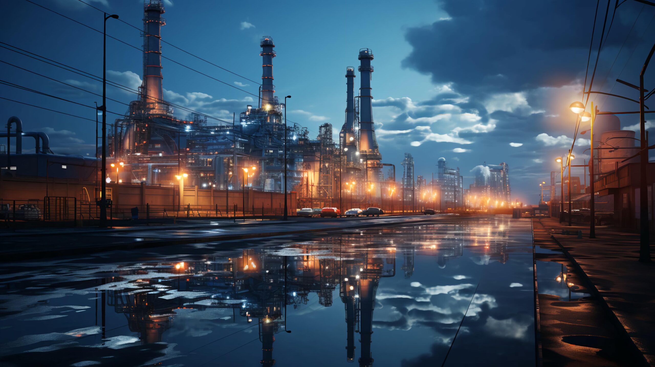 Home industrial oil refinery petrochemical chemical plant with equipment and tall pipes at night. ai generated